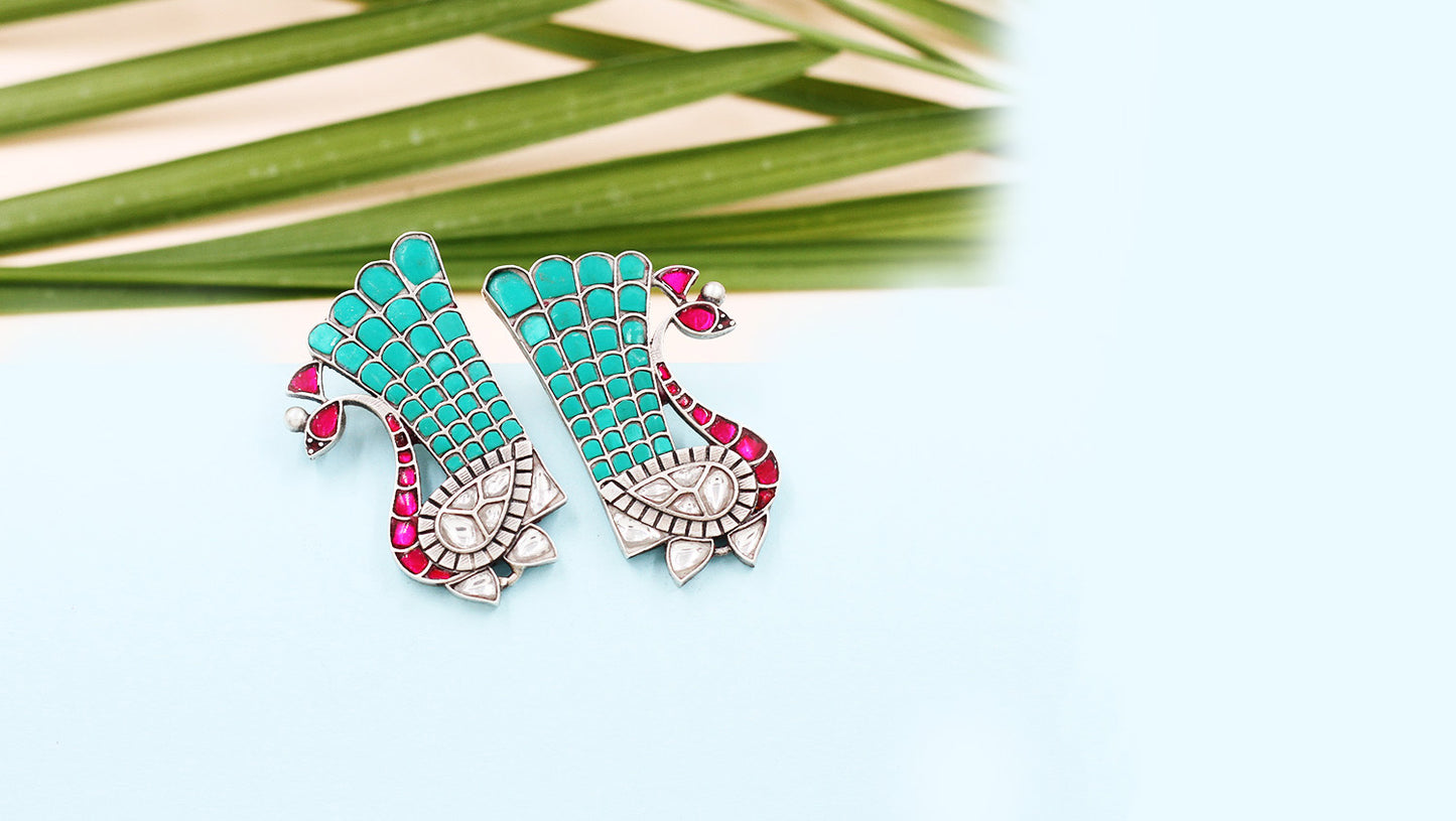 Exquisite Peacock Shaped Silver Turquoise Earrings