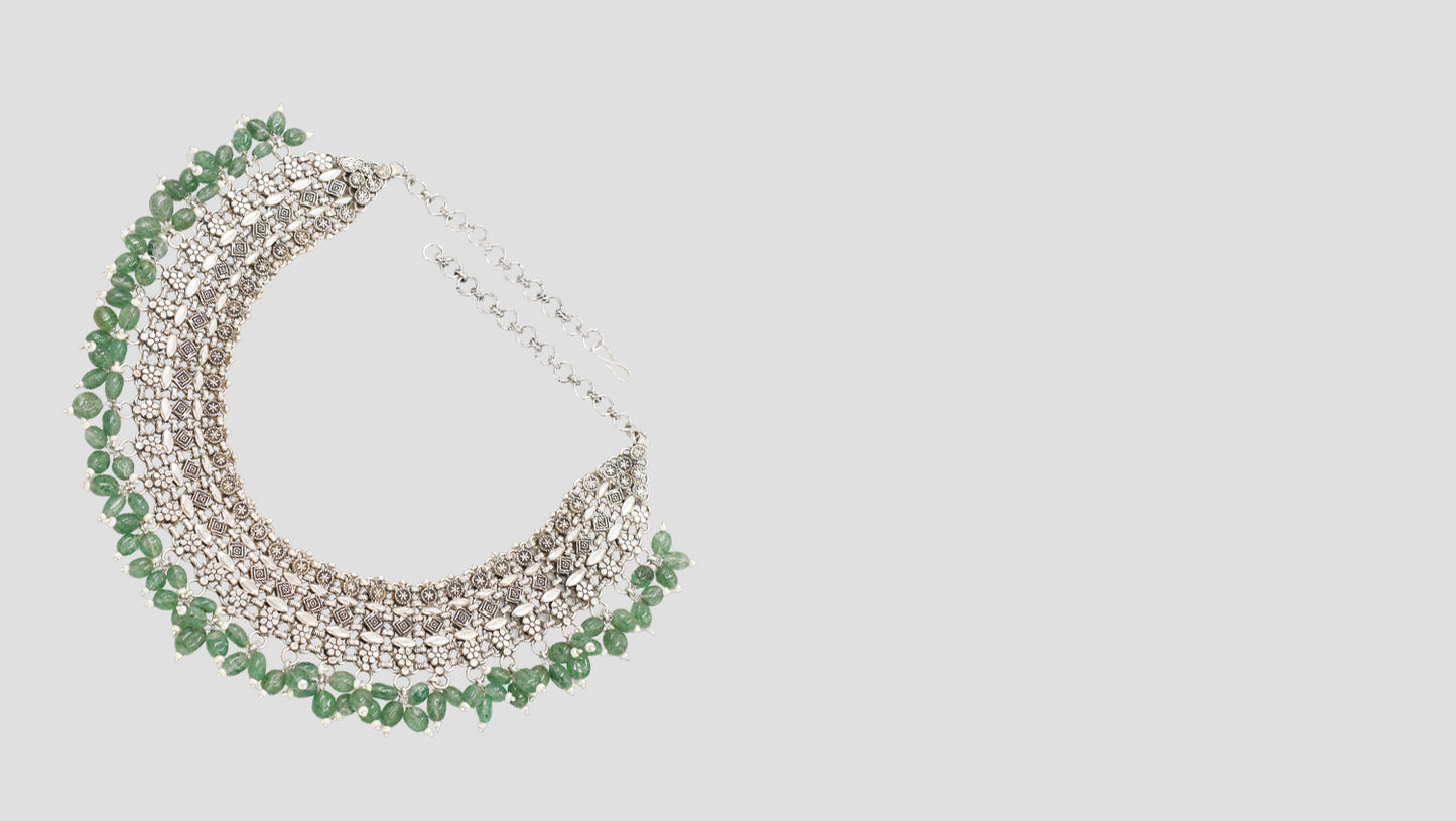 The Royal Enchantment: Artisan Silver Necklace with Green Beaded Drops