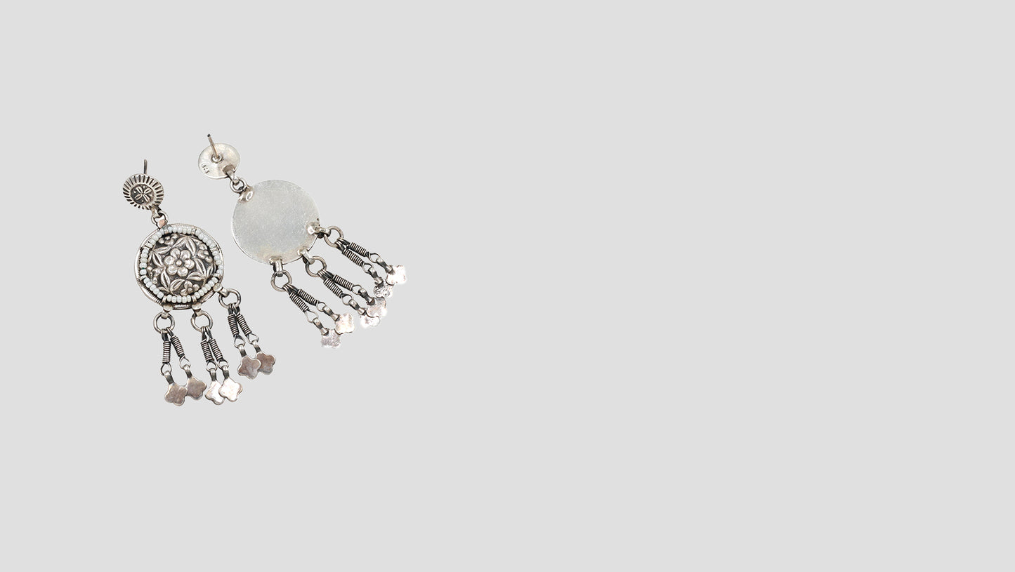 Timeless Radiance: Floral Engraved Silver Earrings with Dangling Charms