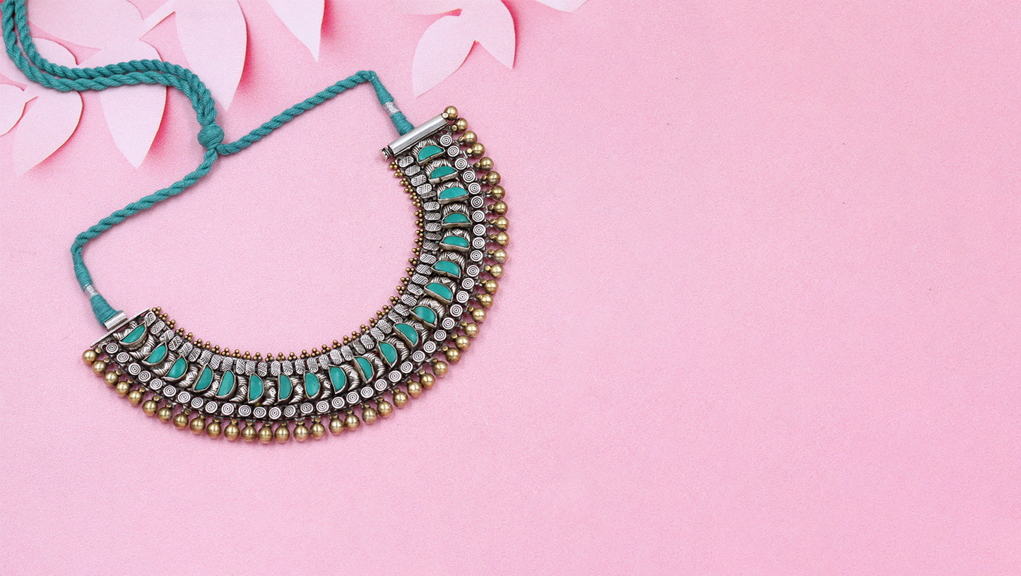 Handcrafted Tribal Silver Necklace with Turquoise Accents