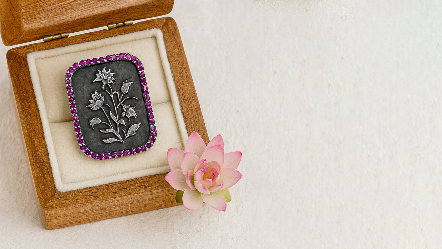 Sangeeta Boochra Timeless Floral Silver Brooch with Ruby-Pink Stone Border