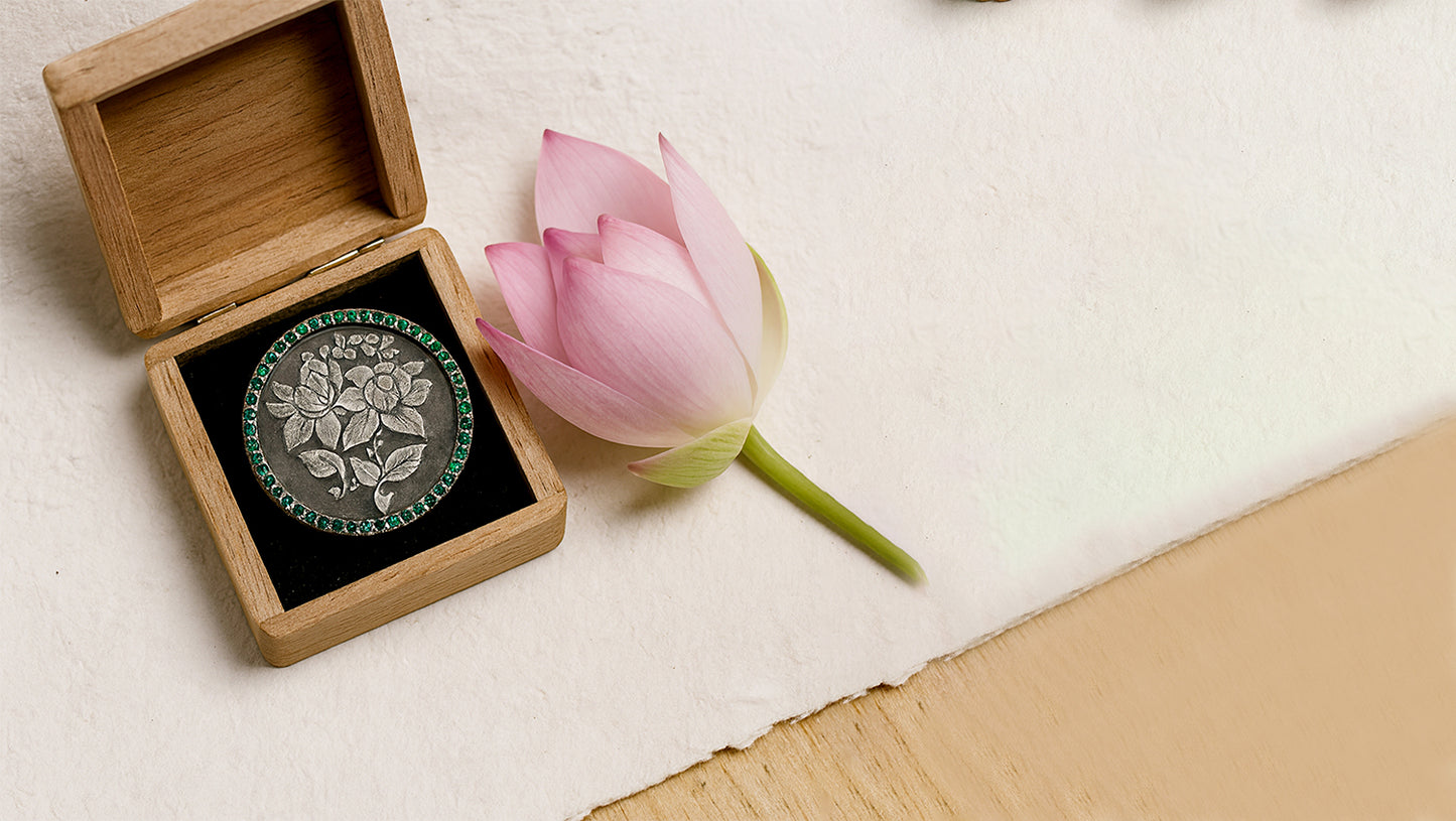 Handcrafted Silver Floral Brooch with Green Stone Accents | Sangeeta Boochra