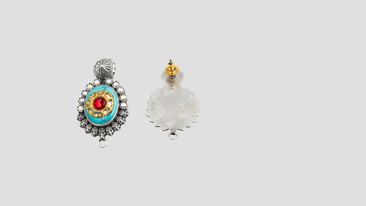 Sangeeta Boochra Handcrafted Silver Earrings with Turquoise and Red Stone