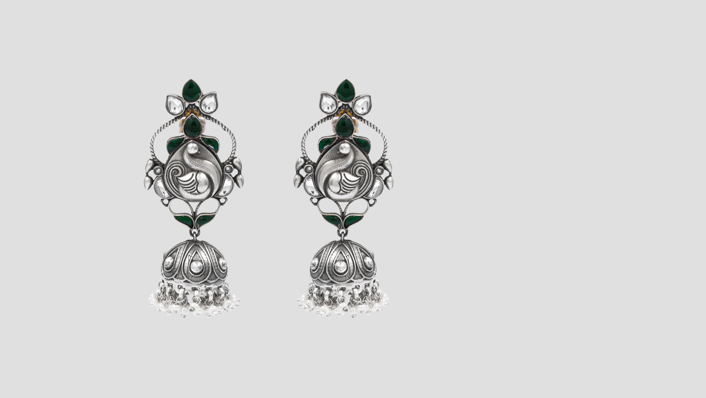 Traditional Silver Earrings with Green Enamel & Pearls | Sangeeta Boochra