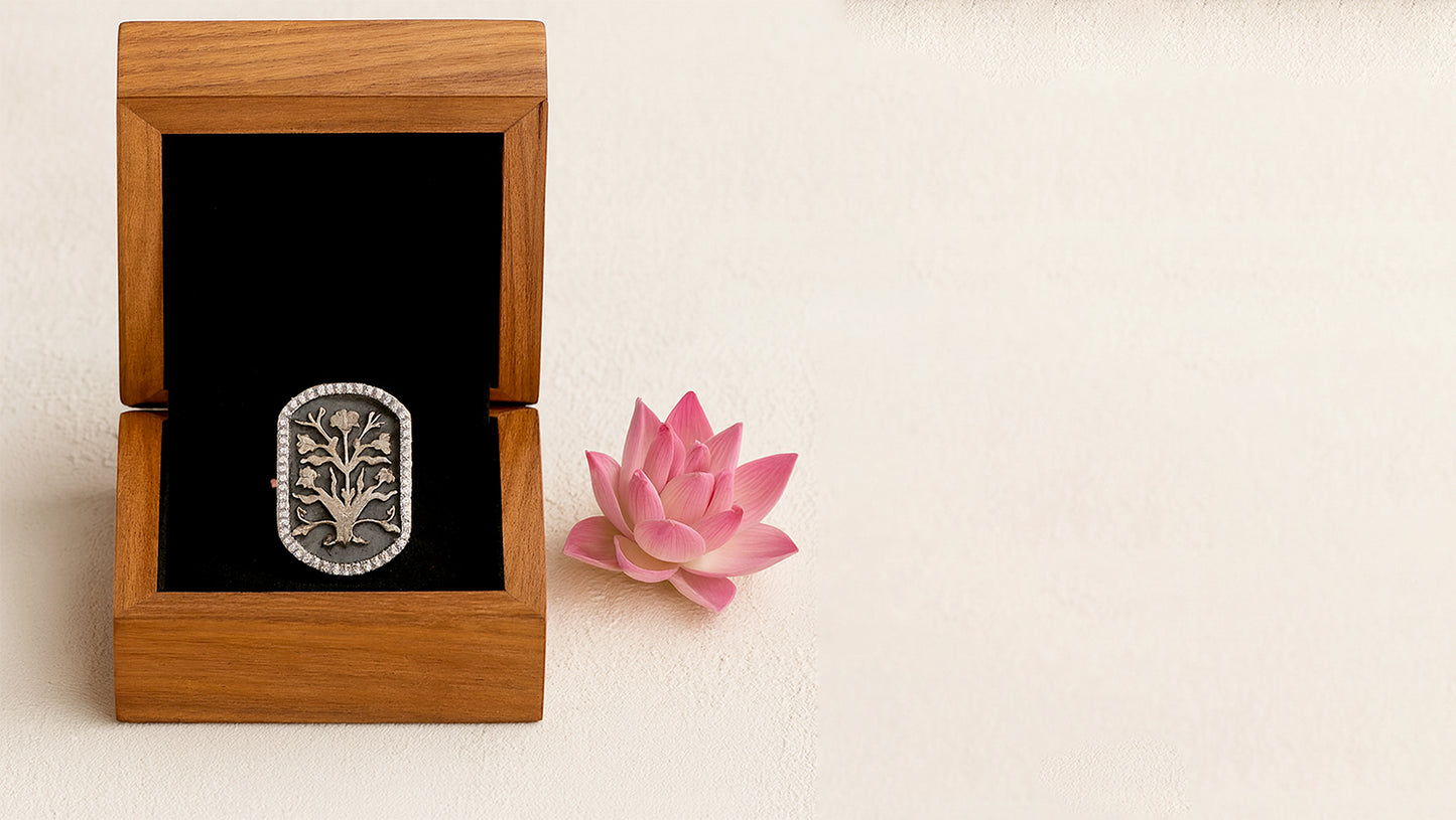 Sangeeta Boochra Oxidized Silver Floral Tree Brooch with Diamond-Style Border