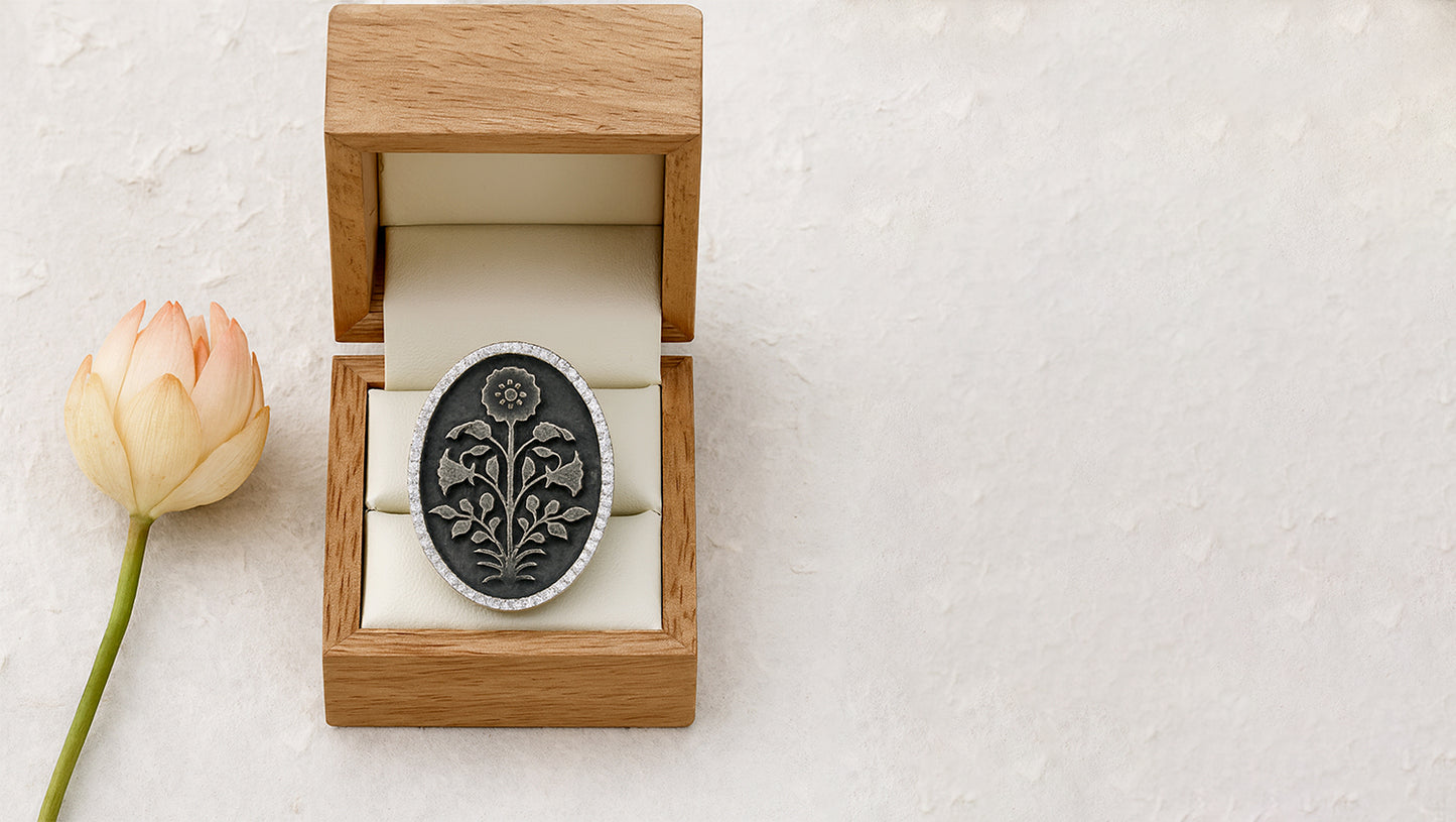 Sangeeta Boochra Heritage Floral Silver Brooch – Oxidised Finish