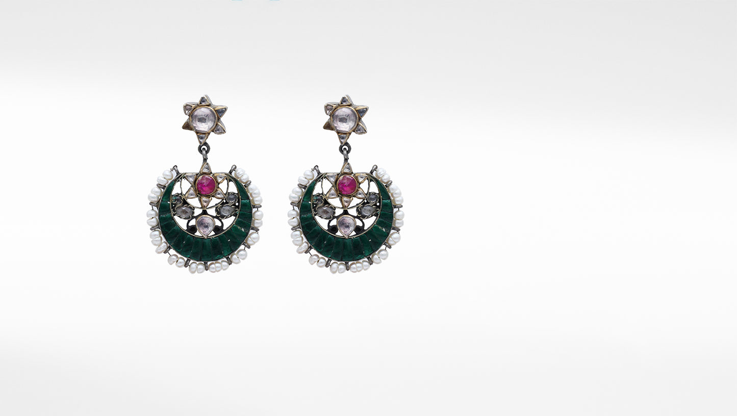 Crescent Moon Emerald Silver Hanging Earring