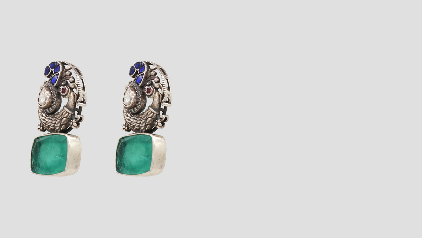 Graceful Charm: Silver & Enamel Peacock Earrings with Green Stone