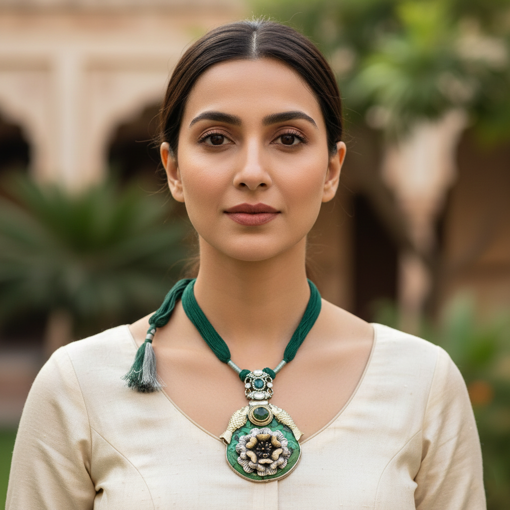 Sangeeta Boochra Artistic Silver Pendant with Green Stone & Floral Motif