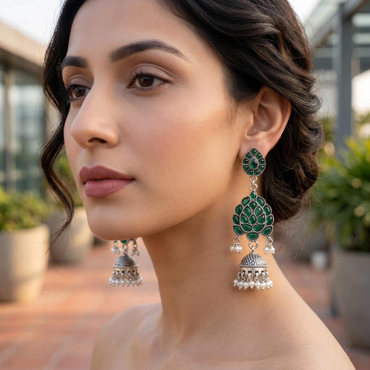 Sangeeta Boochra Green Kundan Jhumka Earrings with Pearl Drops