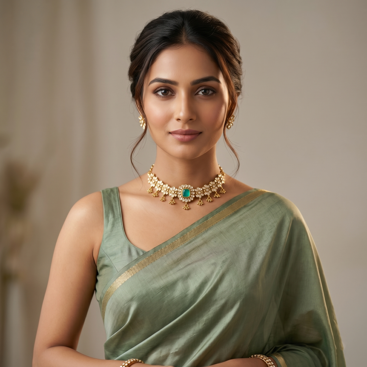 Sangeeta Boochra Gold Plated Sterling Silver Floral Motif Choker with Moissanite & Green Stone