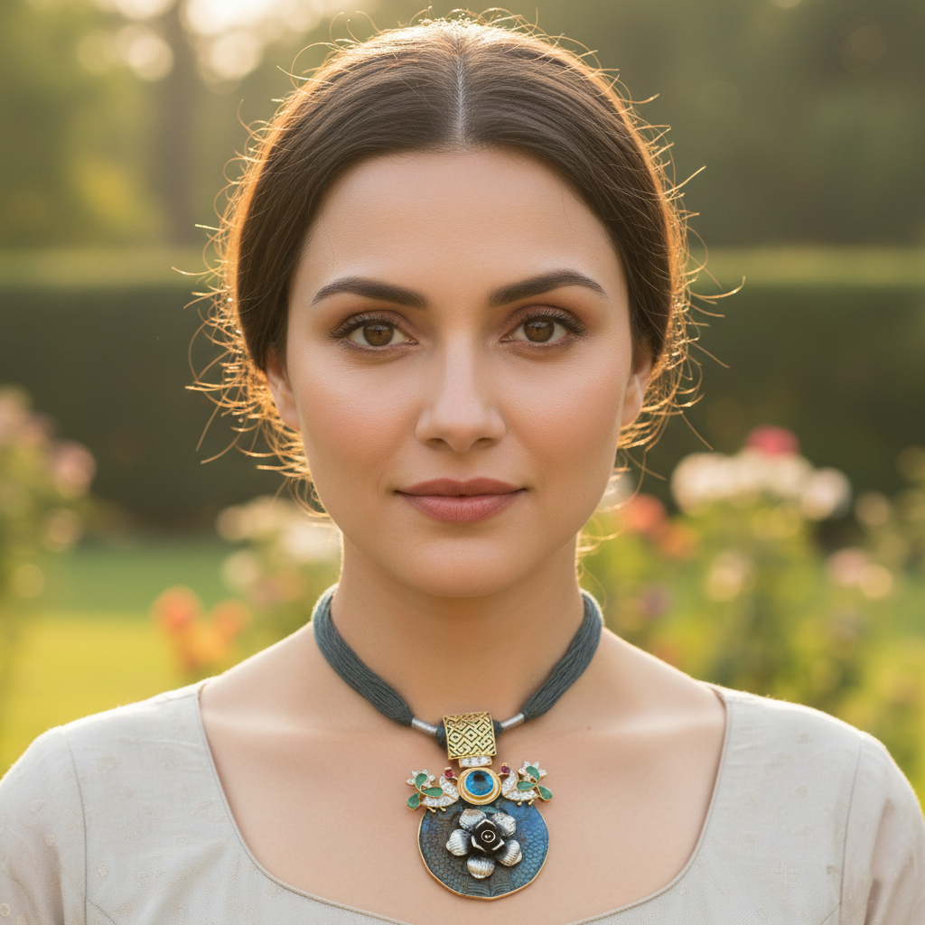 Sangeeta Boochra Artistic Silver Pendant with Kundan Work & Blue Stone Accent