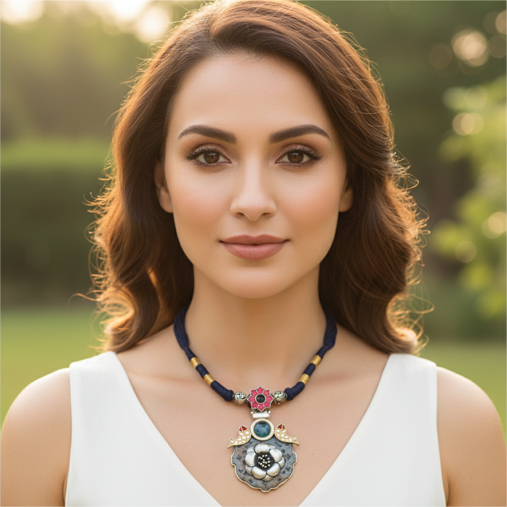 Sangeeta Boochra Silver Pendant Necklace with Kundan Work & Blue Thread