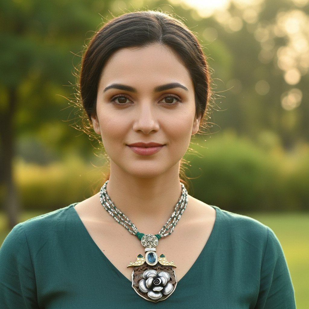 Sangeeta Boochra Statement Silver Pendant with Floral Design & Blue Centerpiece