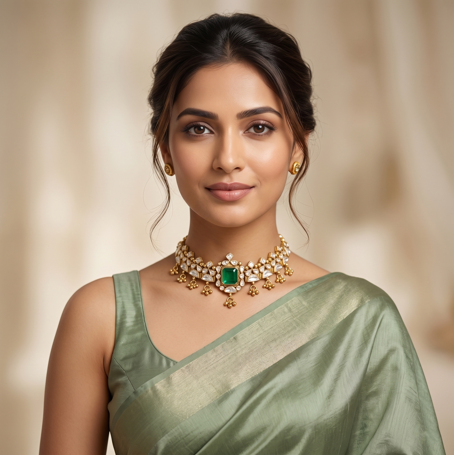 Sangeeta Boochra Gold Plated Sterling Silver Heritage Choker with Moissanite & Green Stone