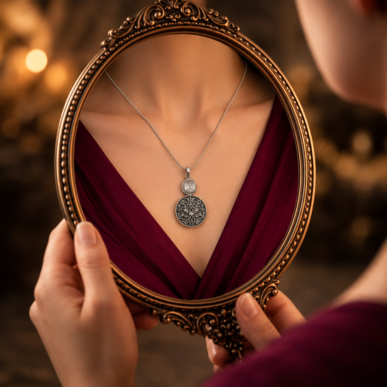 Sangeeta Boochra Handcrafted Oxidised Silver Engraved Pendant with Moissanite
