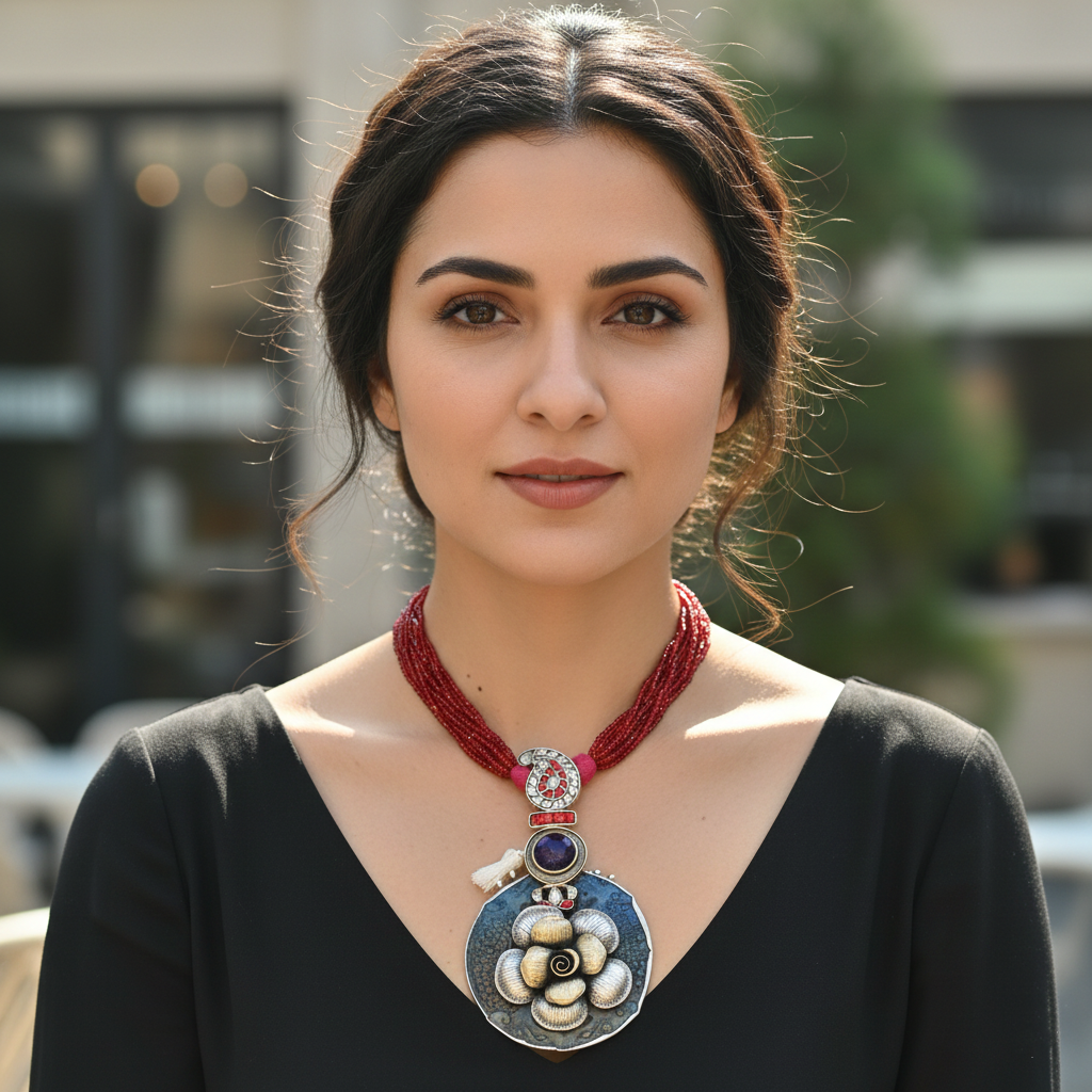 Sangeeta Boochra Handcrafted Silver Floral Pendant with Red Bead Strands