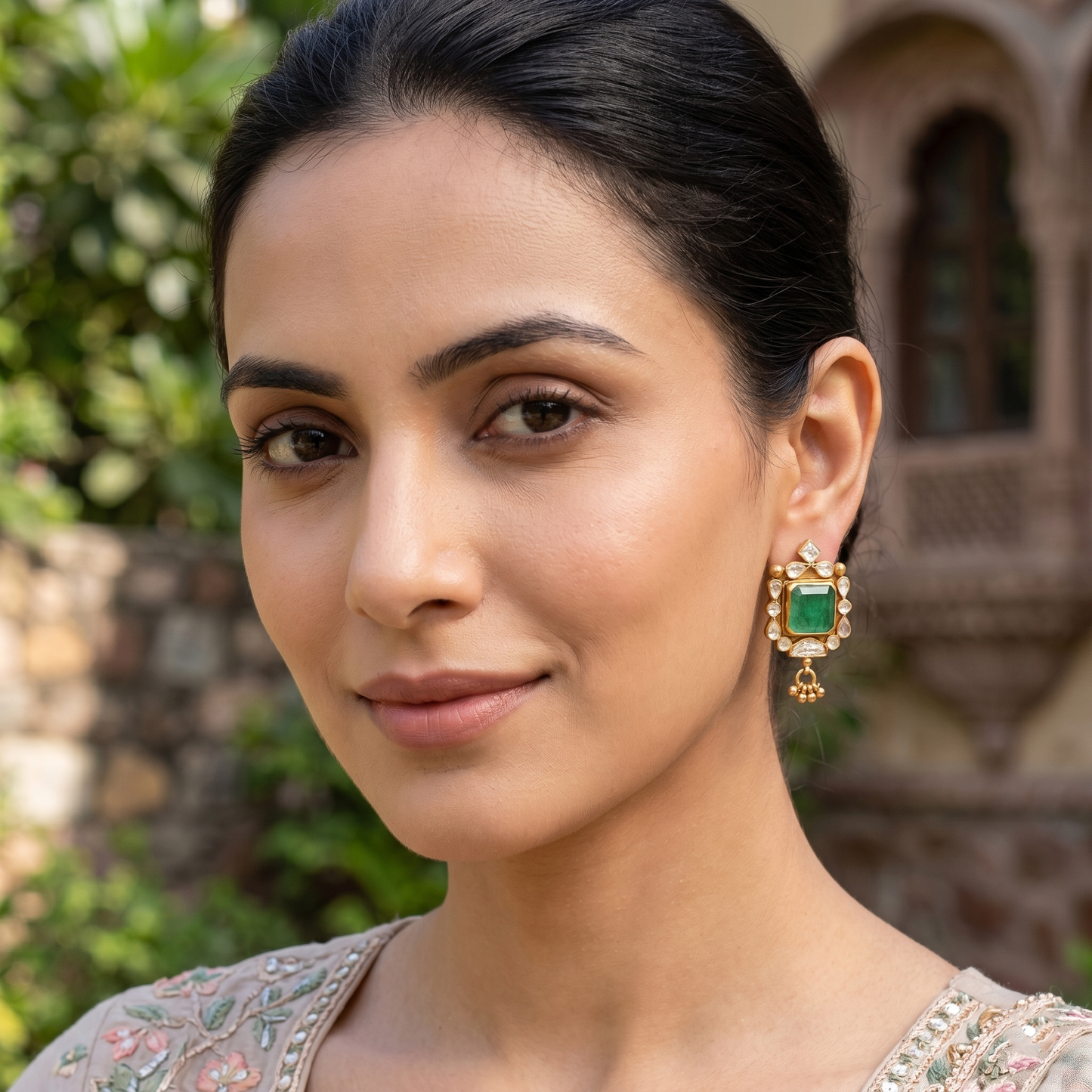 Sangeeta Boochra Gold Plated Sterling Silver Statement Earrings with Green Stone & Moissanite