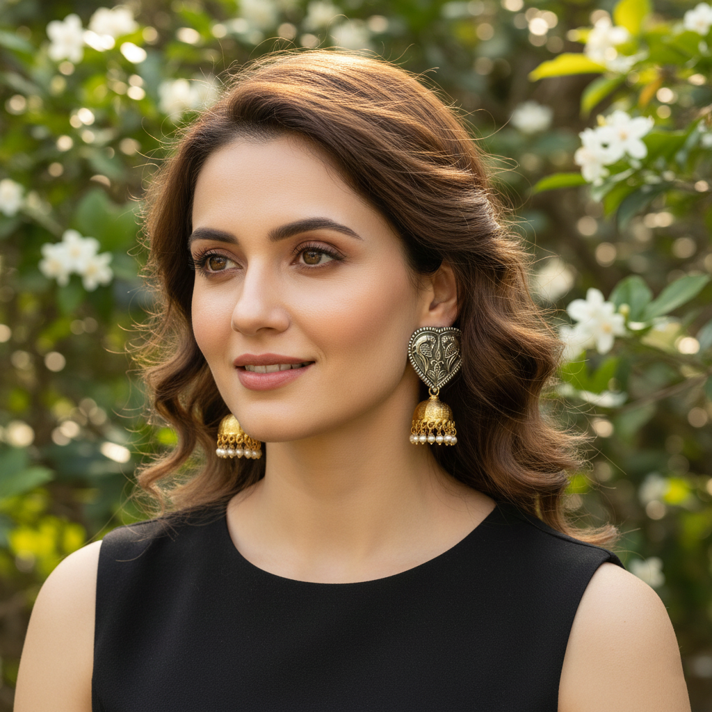 Sangeeta Boochra Vintage Peacock Motif Silver Earrings with Gold Jhumka
