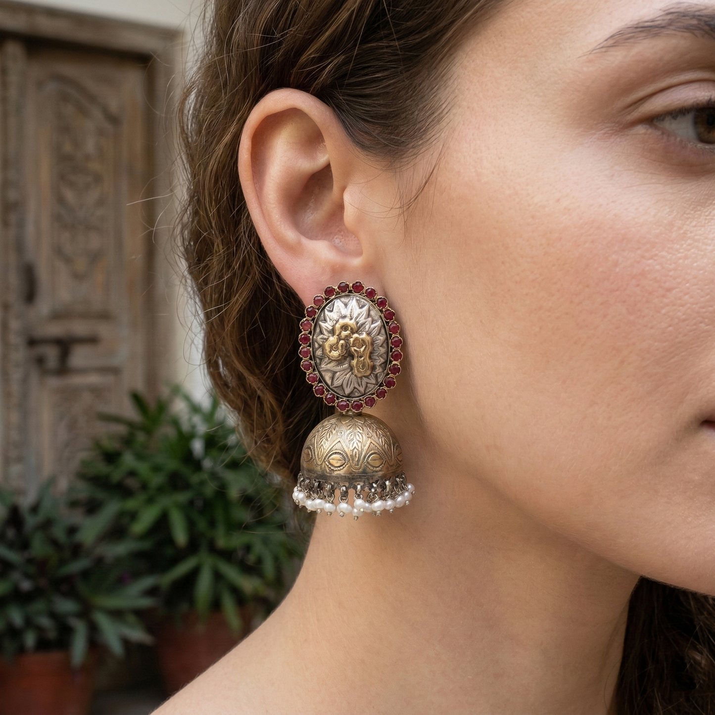 Sangeeta Boochra Artisan Dual Tone Silver Pearl Jhumka Earrings