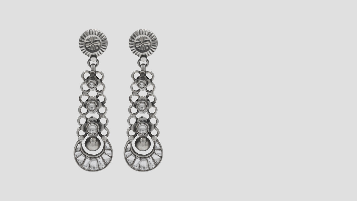 Artisanal Long Silver Earrings with Floral Motifs