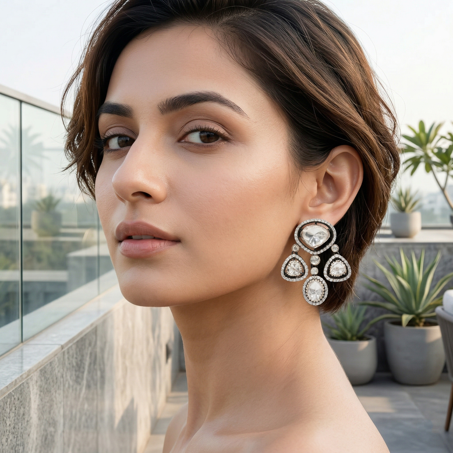 Sangeeta Boochra Moissanite Silver Statement Drop Earrings