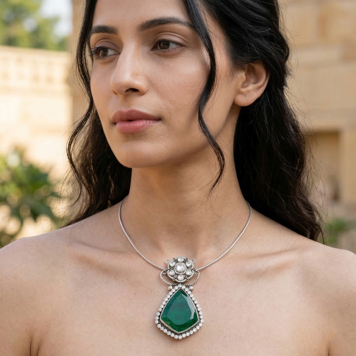Sangeeta Boochra Moissanite Silver Pendant with Green Teardrop Stone