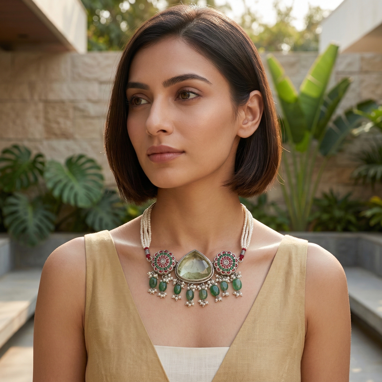 Sangeeta Boochra Pearl Beaded Silver Choker with Teardrop Stone