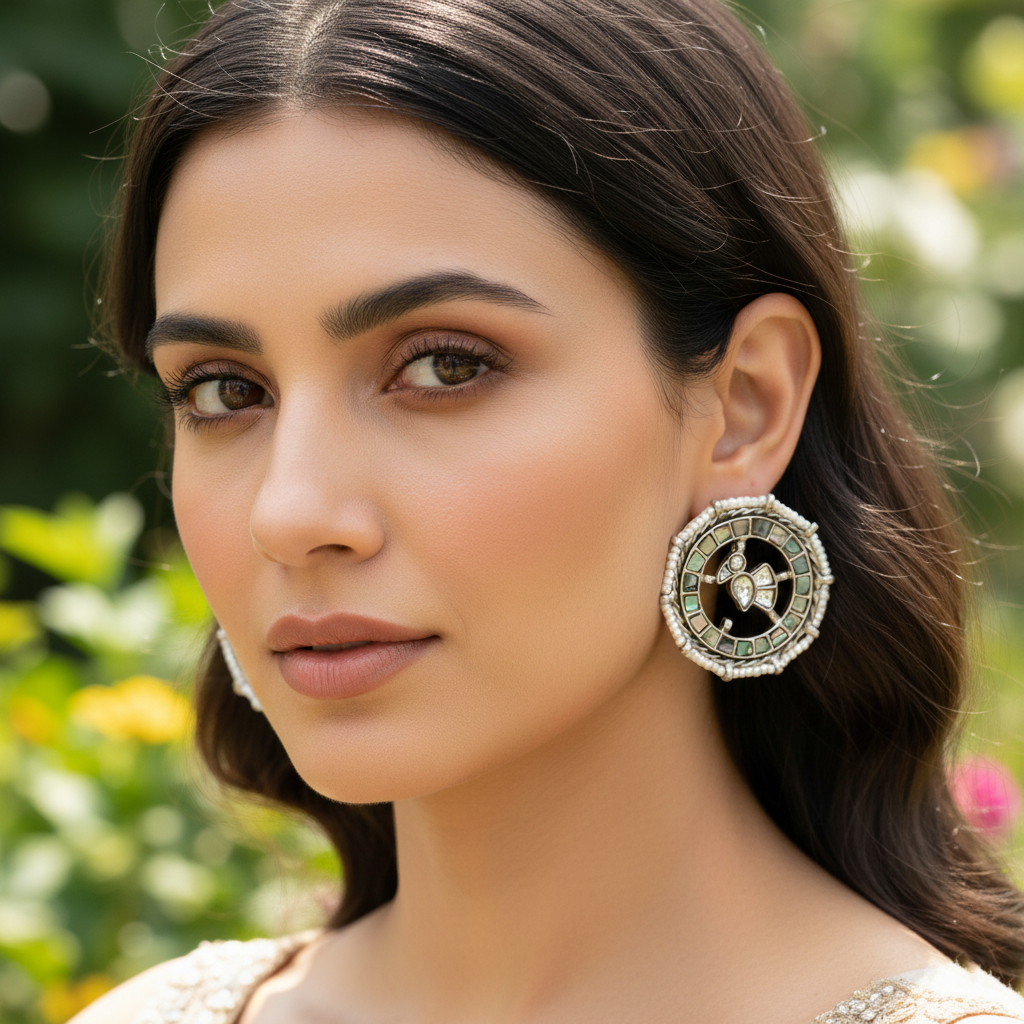 Sangeeta Boochra Circular Silver Stud Earrings with Pearl Detailing