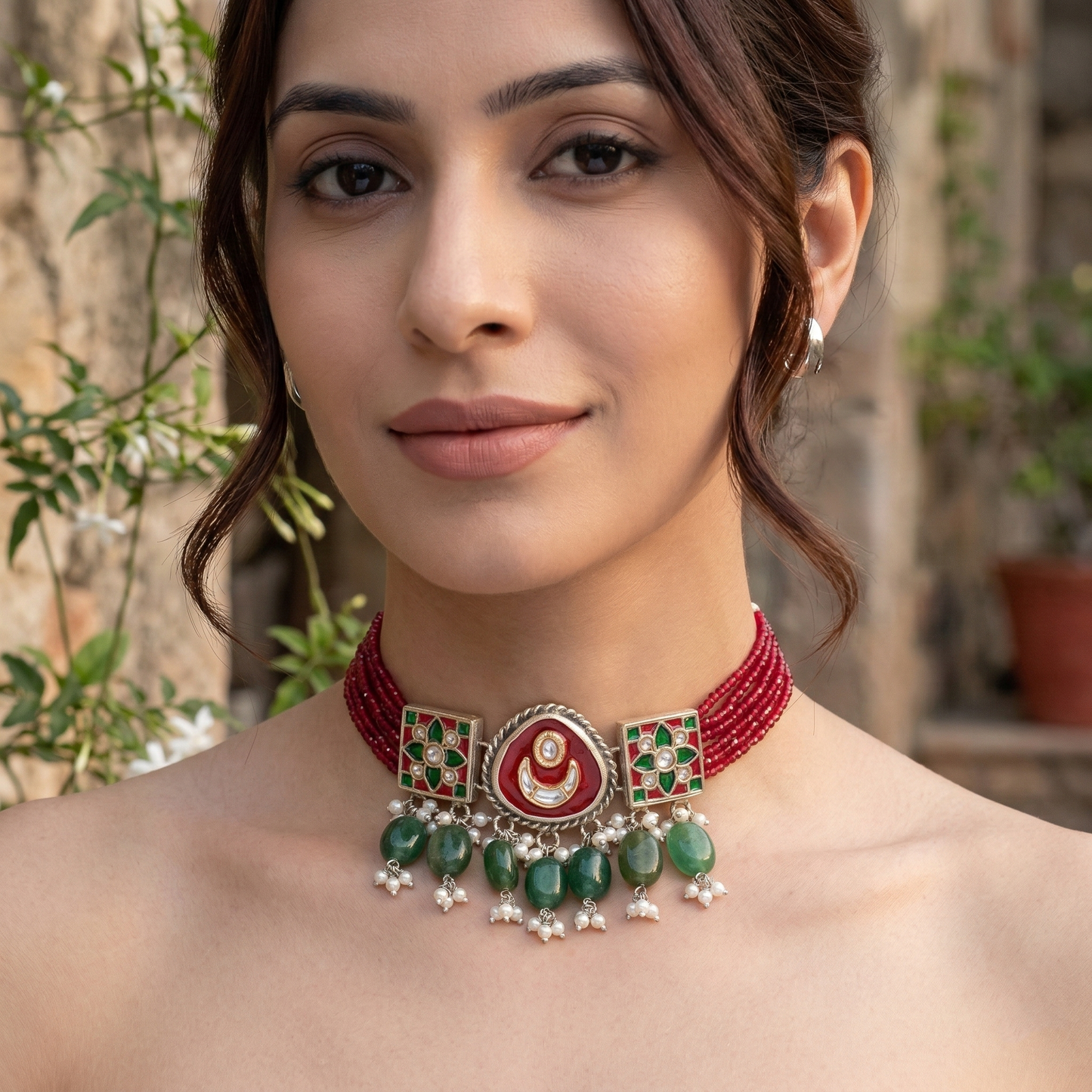 Sangeeta Boochra Festive Silver Choker with Green Bead Drops