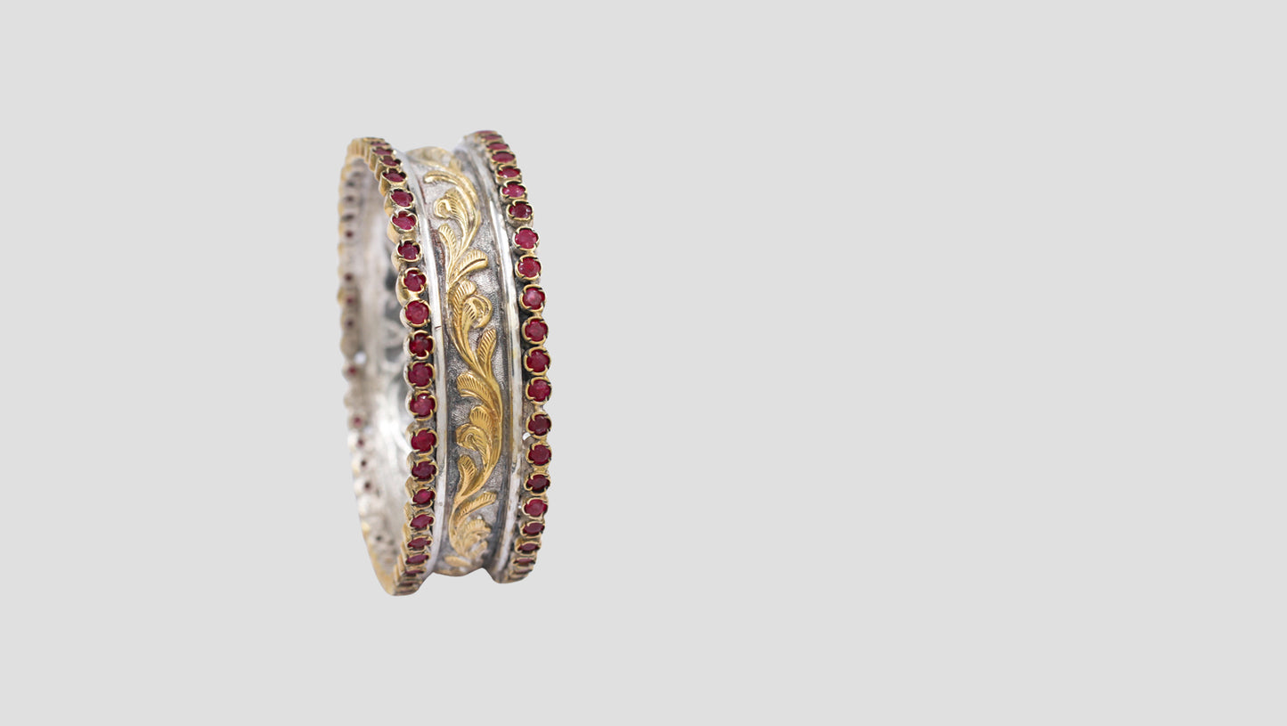Dual-Tone Silver Heritage Bangle with Ruby Stones | Sangeeta Boochra