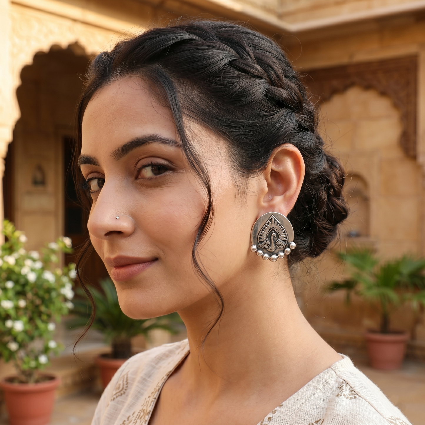 Sangeeta Boochra Peacock Motif Oxidised Silver Statement Earrings