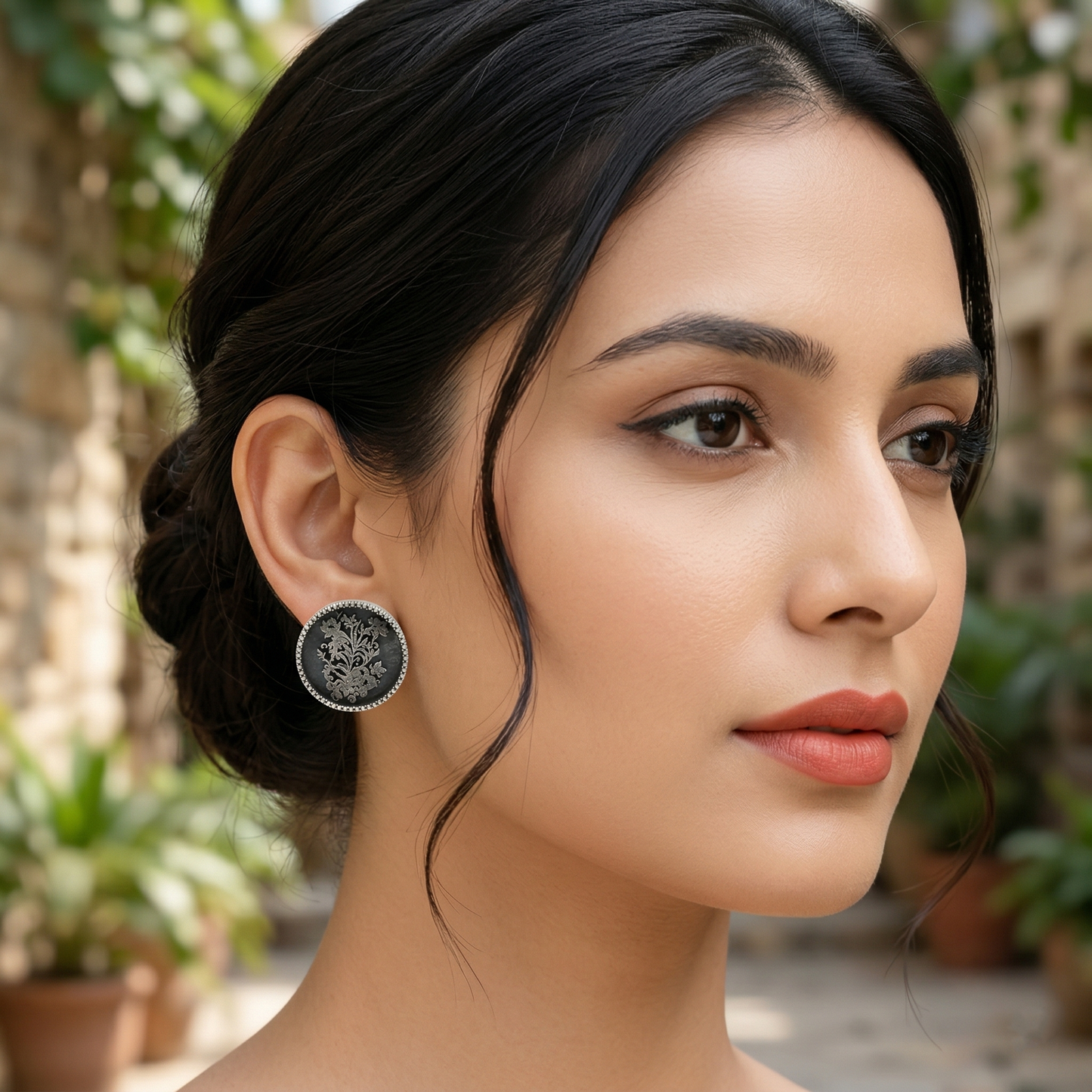 Sangeeta Boochra Oxidised Silver Round Floral Engraved Studs