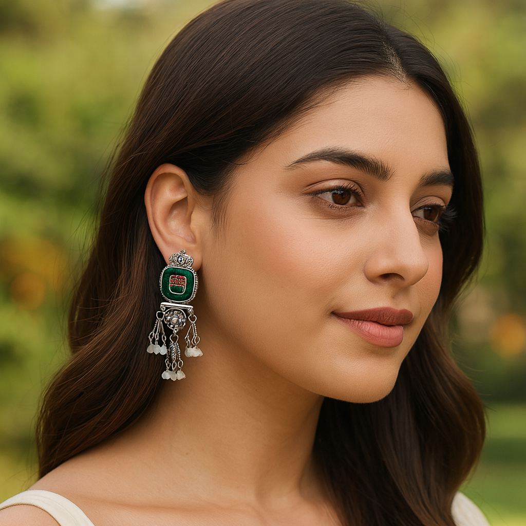 Handmade Silver Enamel Earrings for Festive Wear