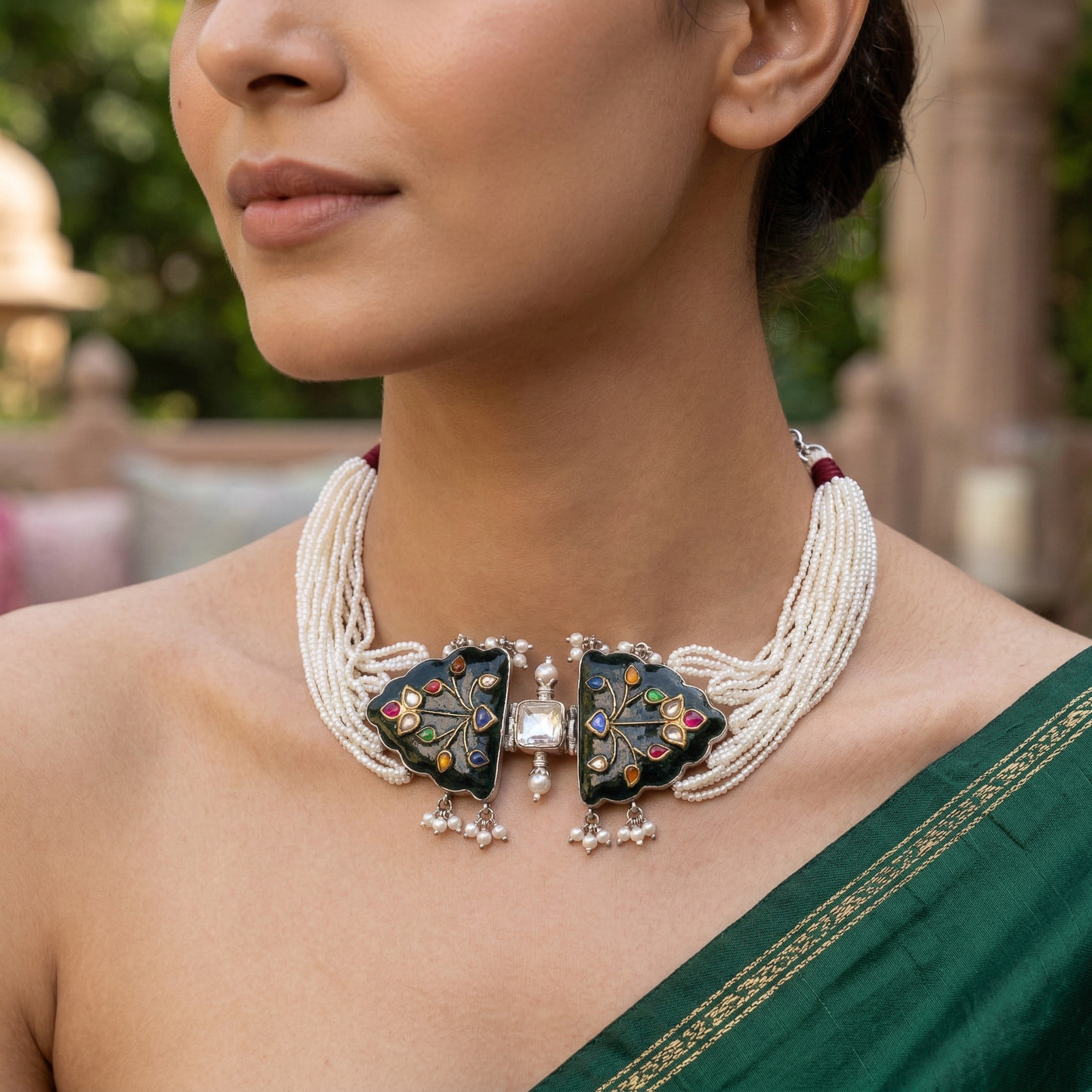 Sangeeta Boochra Artisan White Beaded Silver Statement Choker