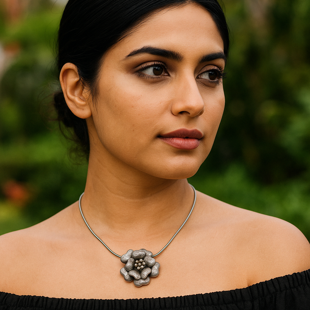 Sangeeta Boochra Vintage-Inspired Oxidised Silver Floral Pendant