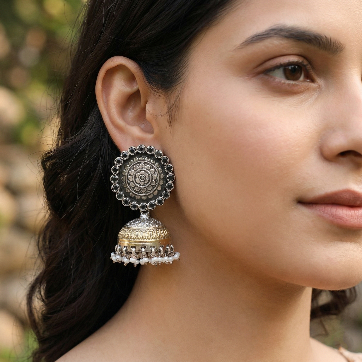Sangeeta Boochra Artisan Dual Tone Engraved Jhumka Earrings