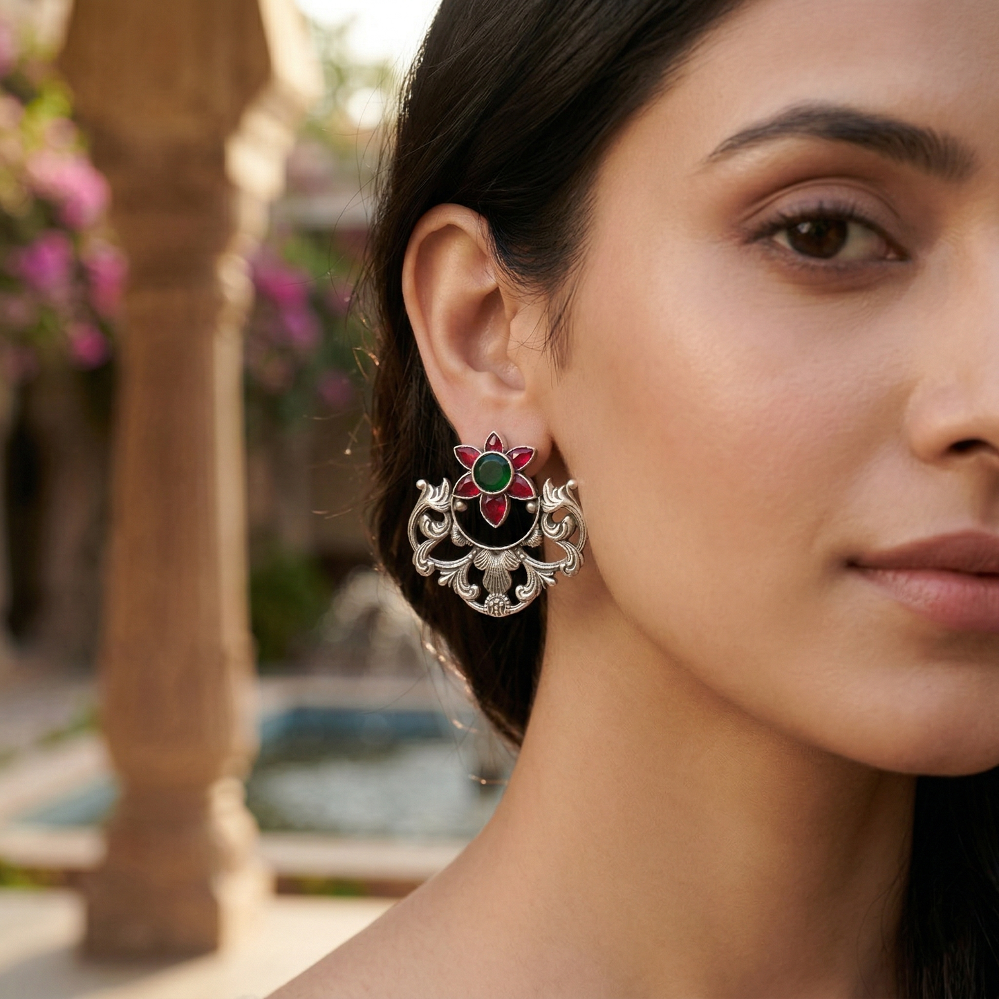Sangeeta Boochra Artisan Oxidised Silver Kundan Statement Earrings