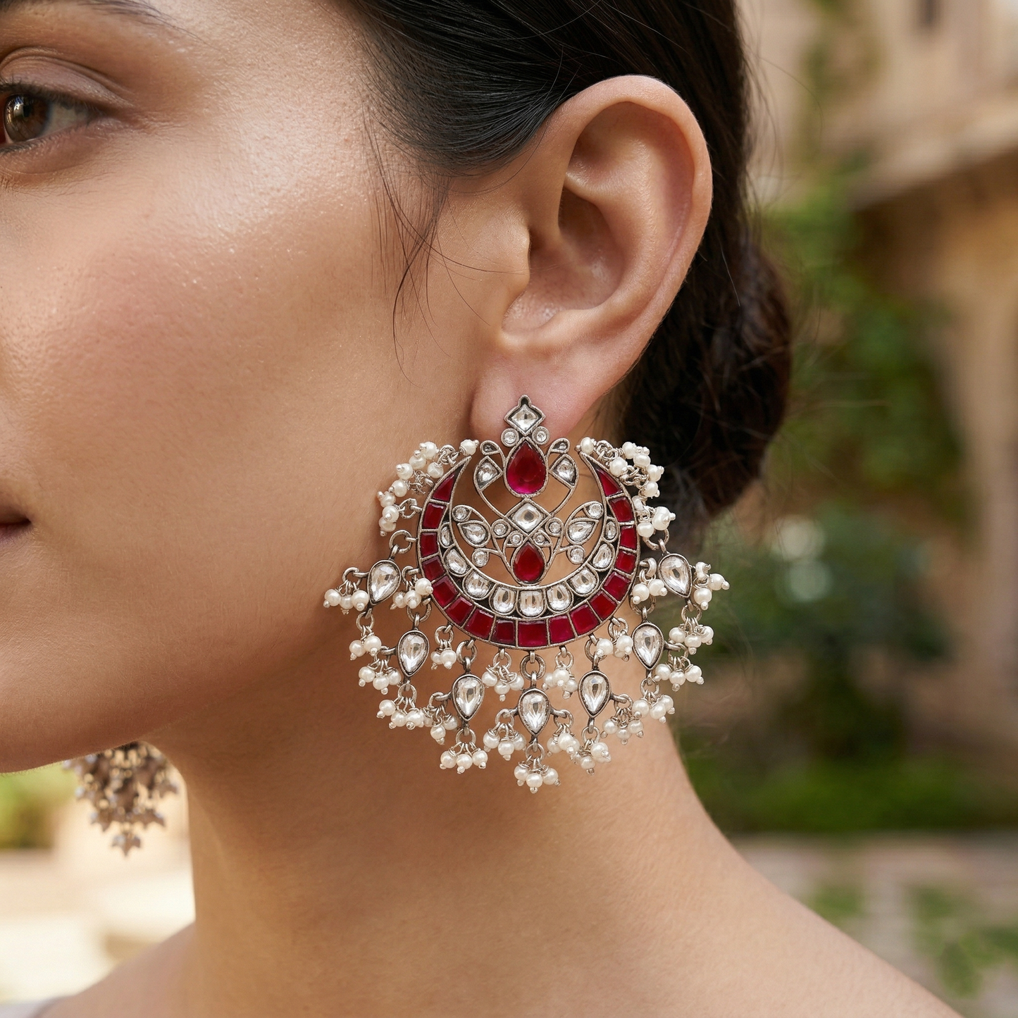 Sangeeta Boochra Classic Red & Pearl Kundan Chandbali