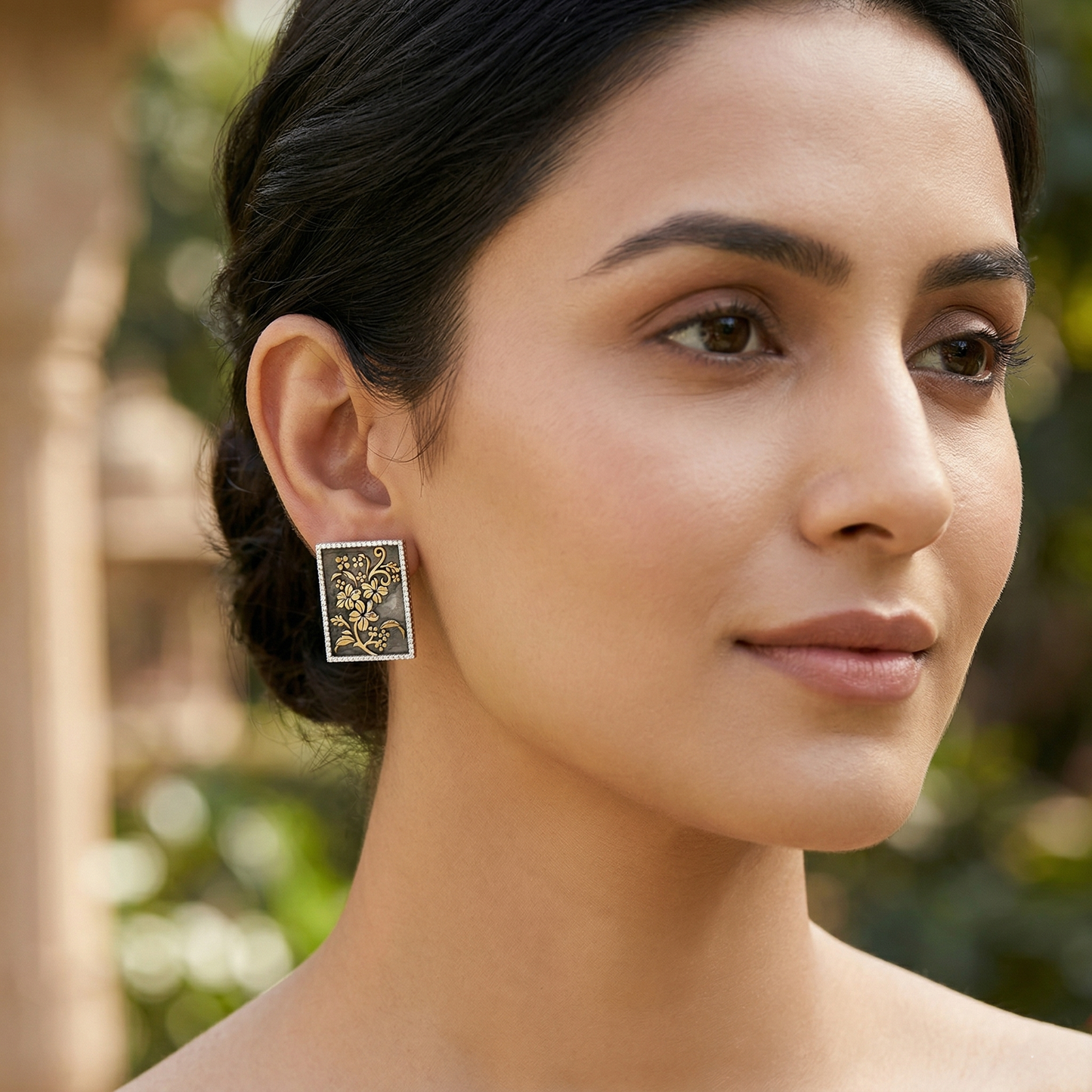 Sangeeta Boochra Artistic Dual-Tone Floral Silver Earrings with CZ Frame