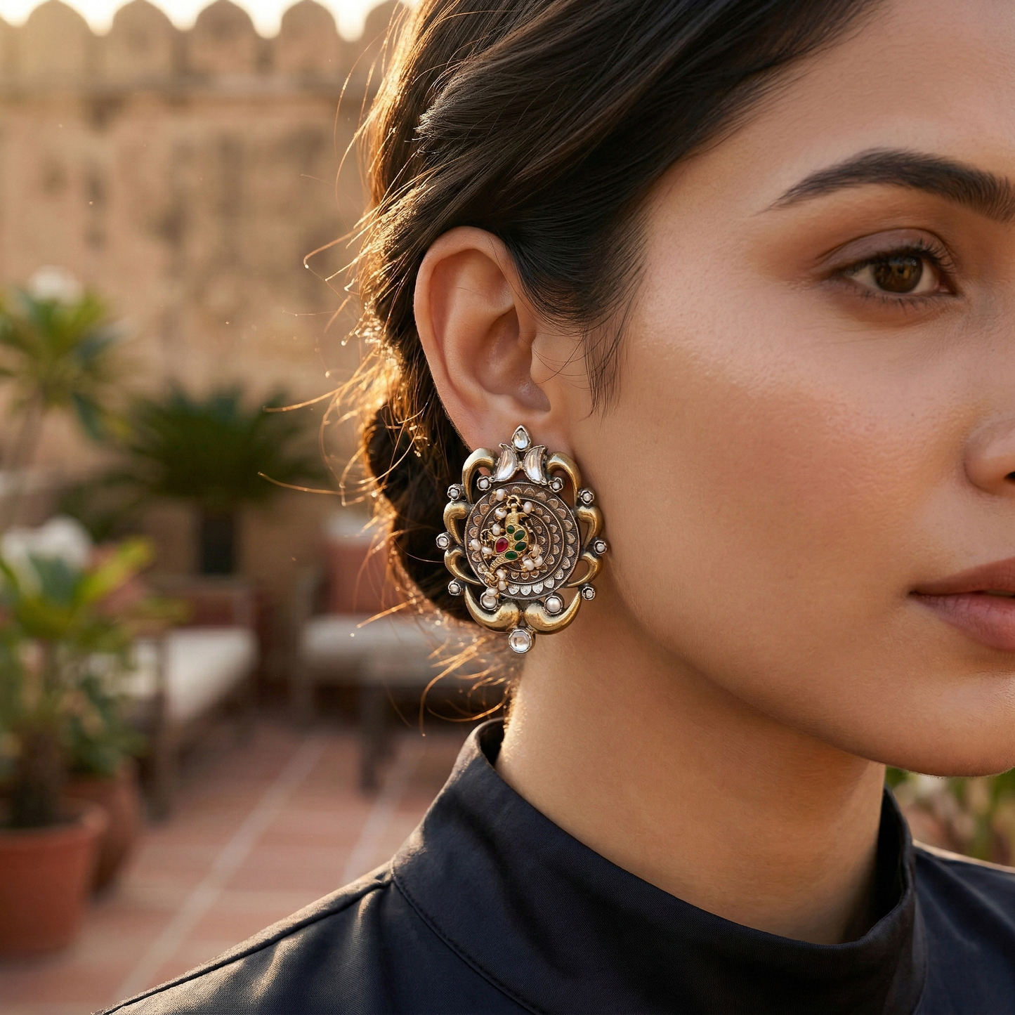 Sangeeta Boochra Bird Motif Dual-Plated Kundan Statement Earrings