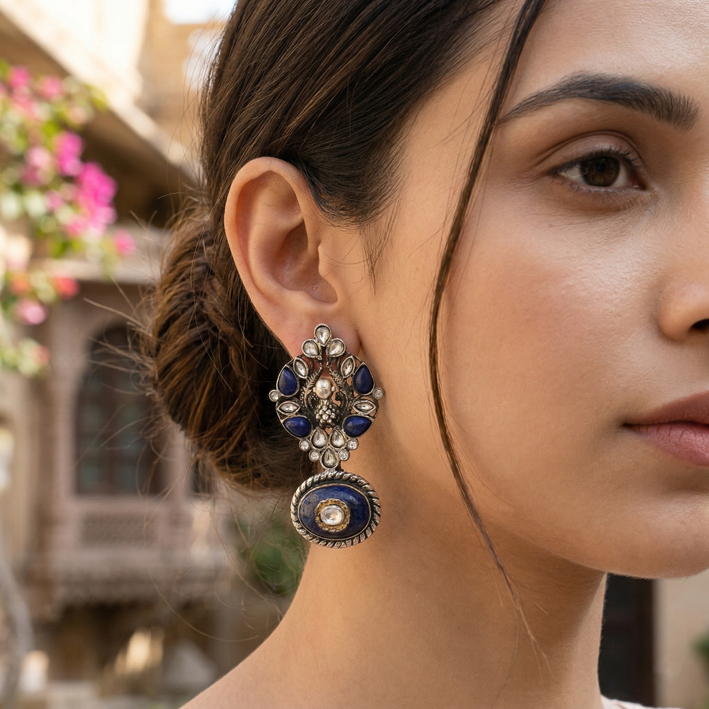 Sangeeta Boochra Kundan Silver Earrings with Blue Lapis Accents