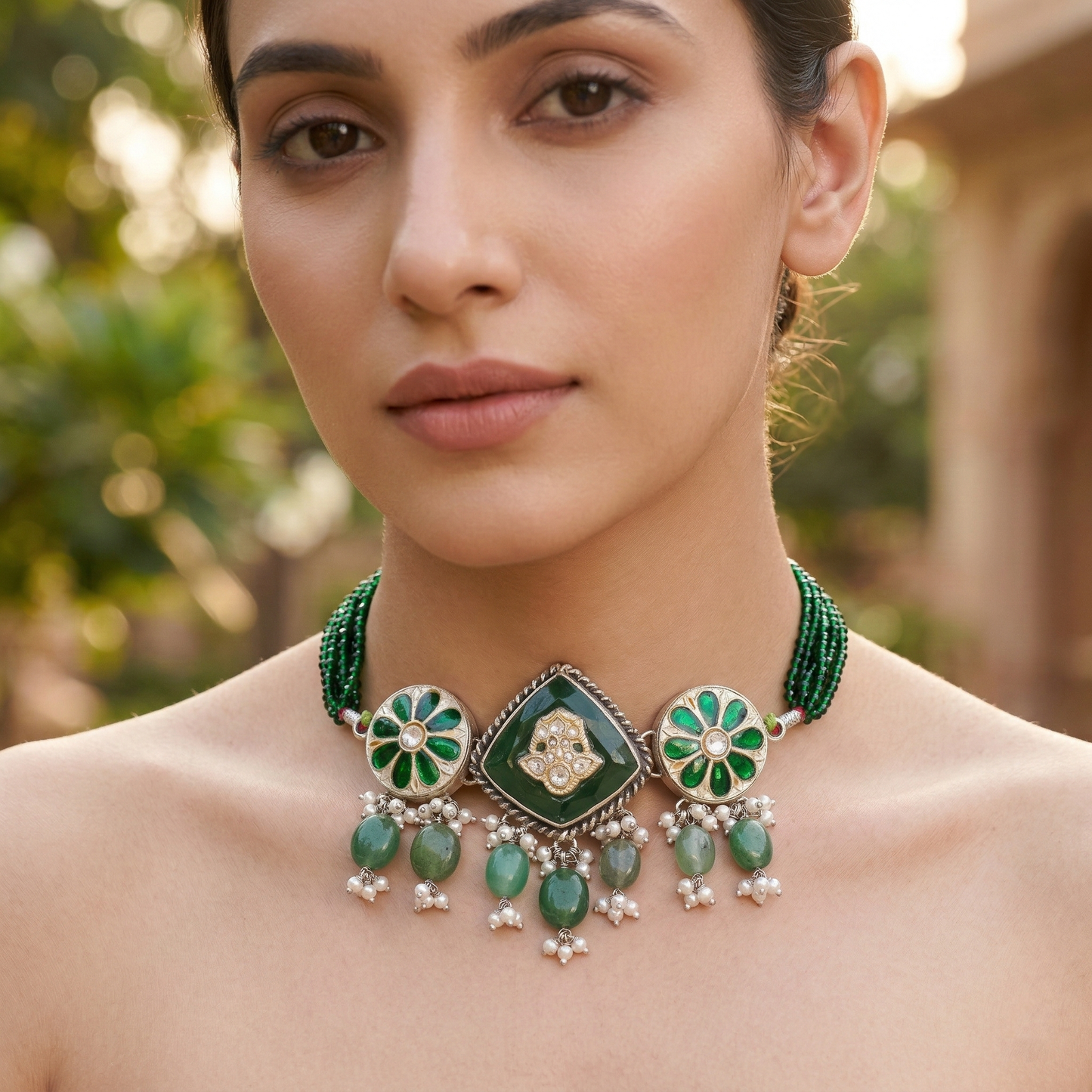 Sangeeta Boochra Floral Motif Silver Choker with Green Beads