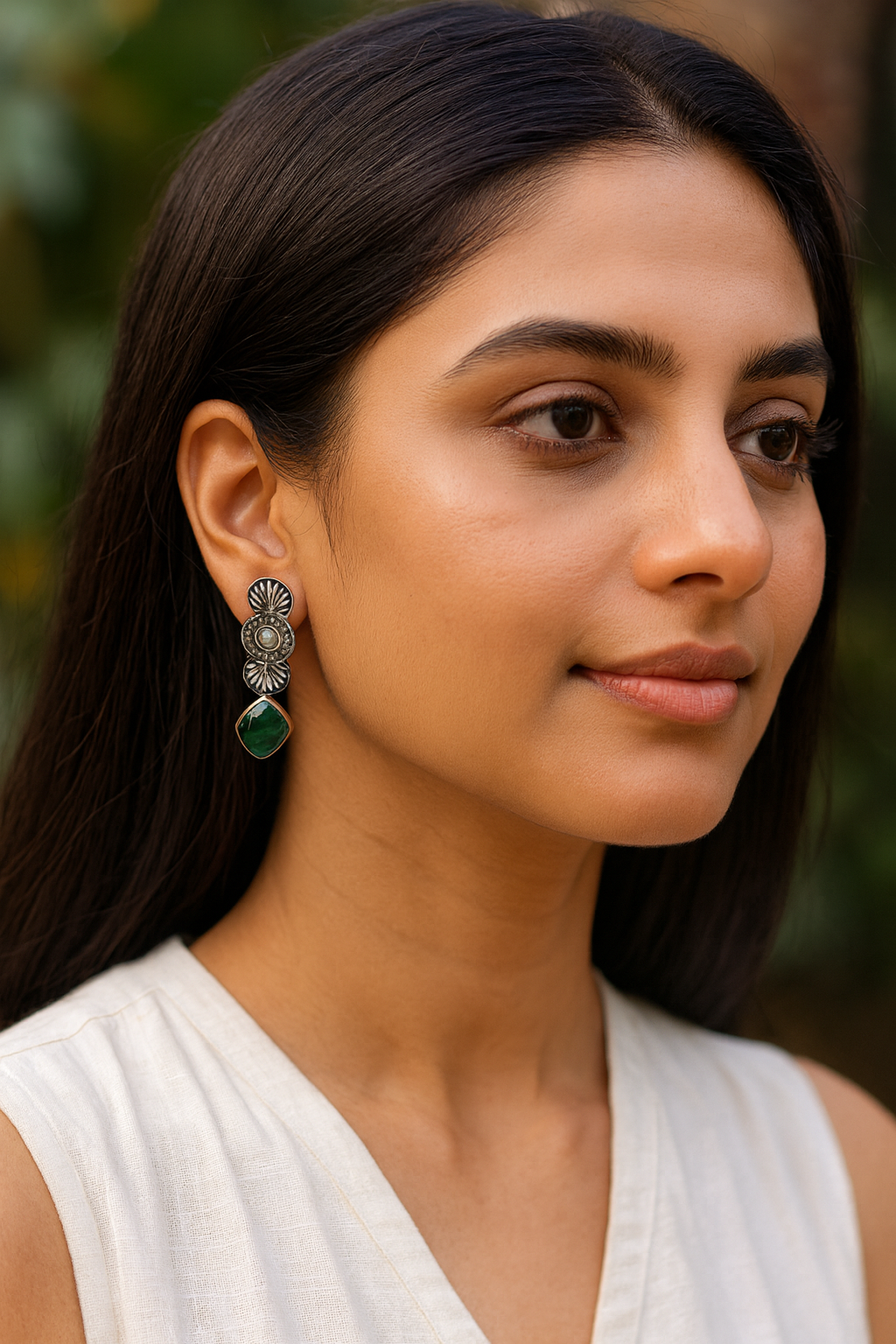 Sangeeta Boochra Silver Floral Earrings with Green Gemstone