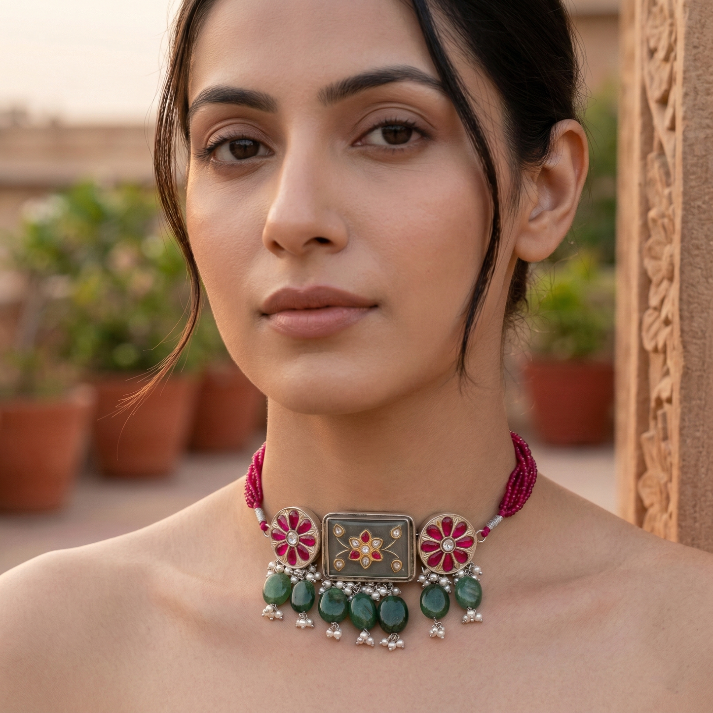 Sangeeta Boochra Red Beaded Silver Choker with Floral Motifs
