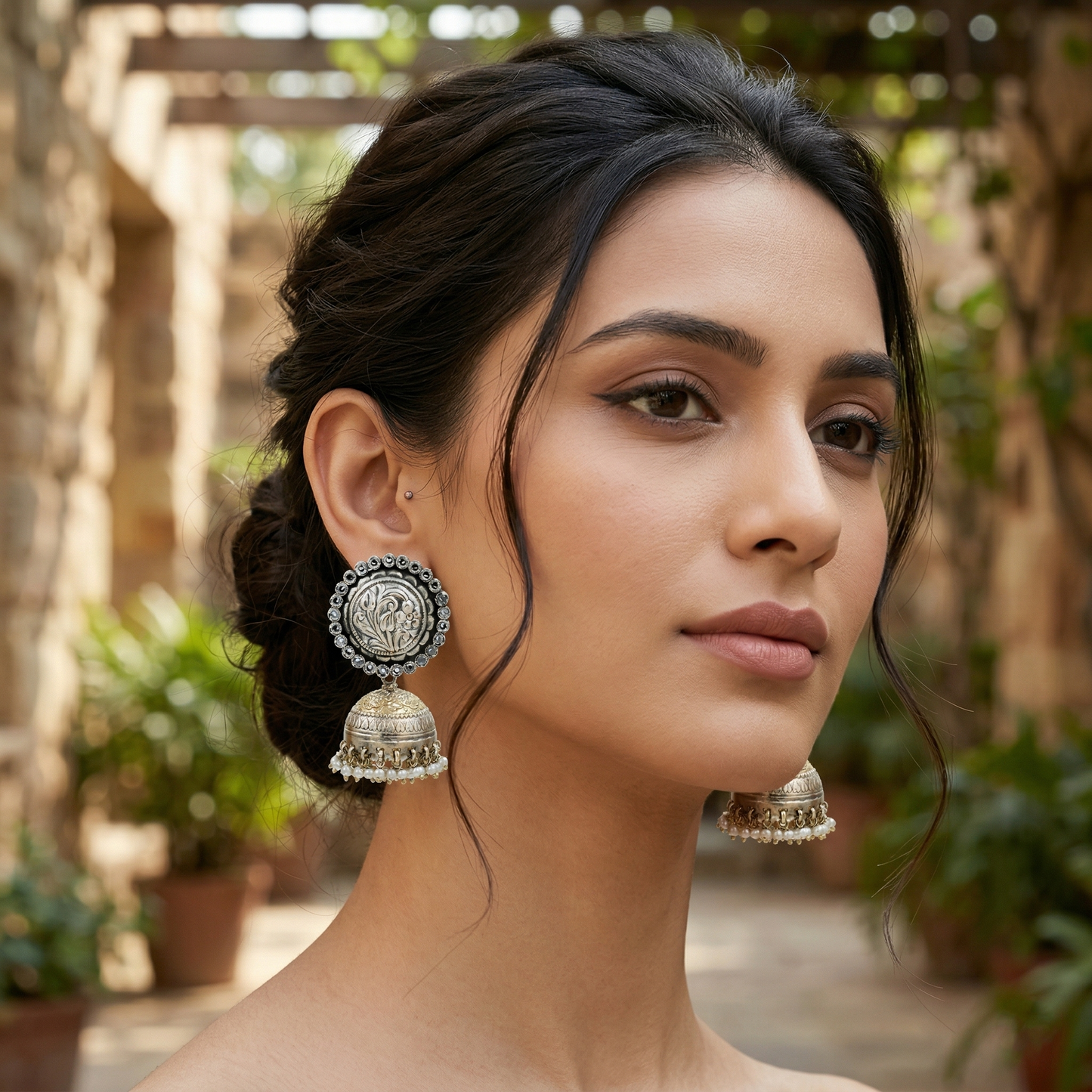 Sangeeta Boochra Heritage Dual-Plated Silver Jhumka Earrings with Pearls