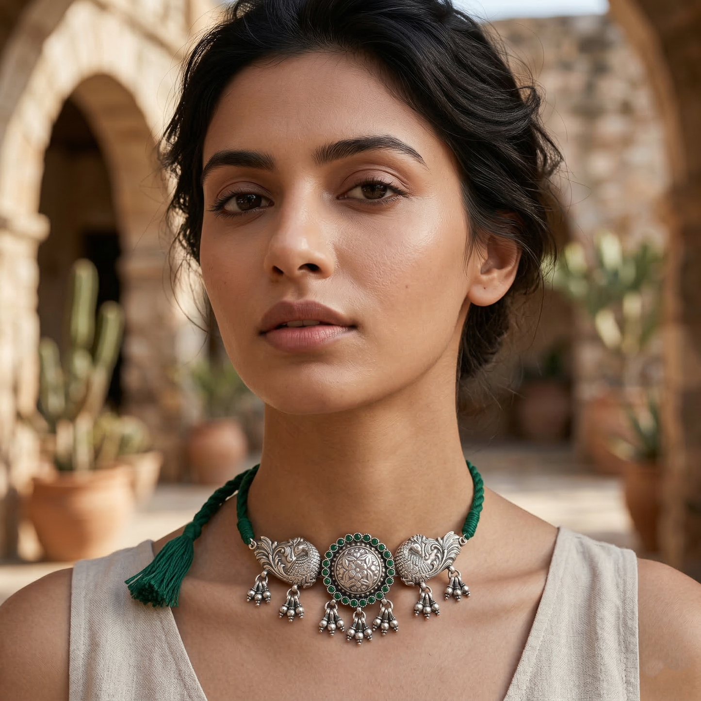 Artisan Oxidised Silver Choker with Peacock Motifs