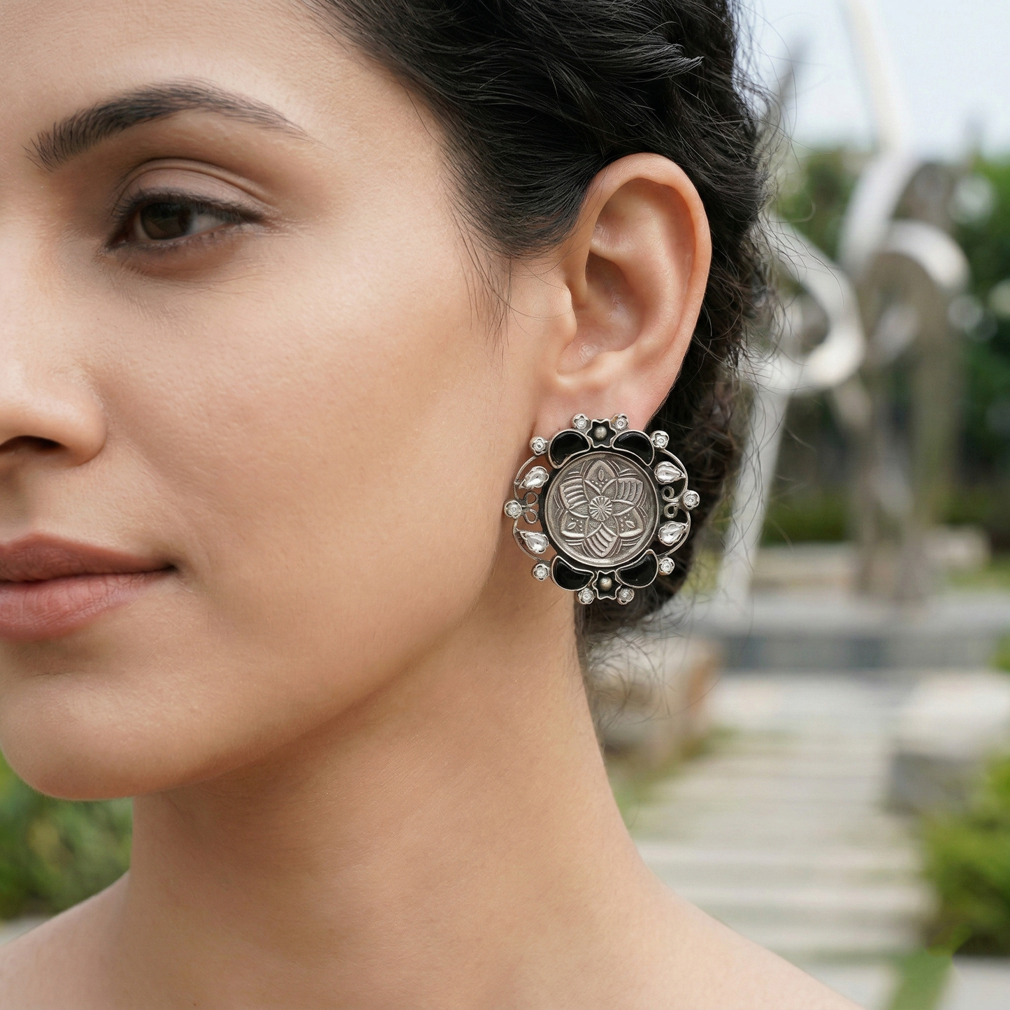 Sangeeta Boochra Artisan Floral Oxidised Silver Earrings with Black Stone