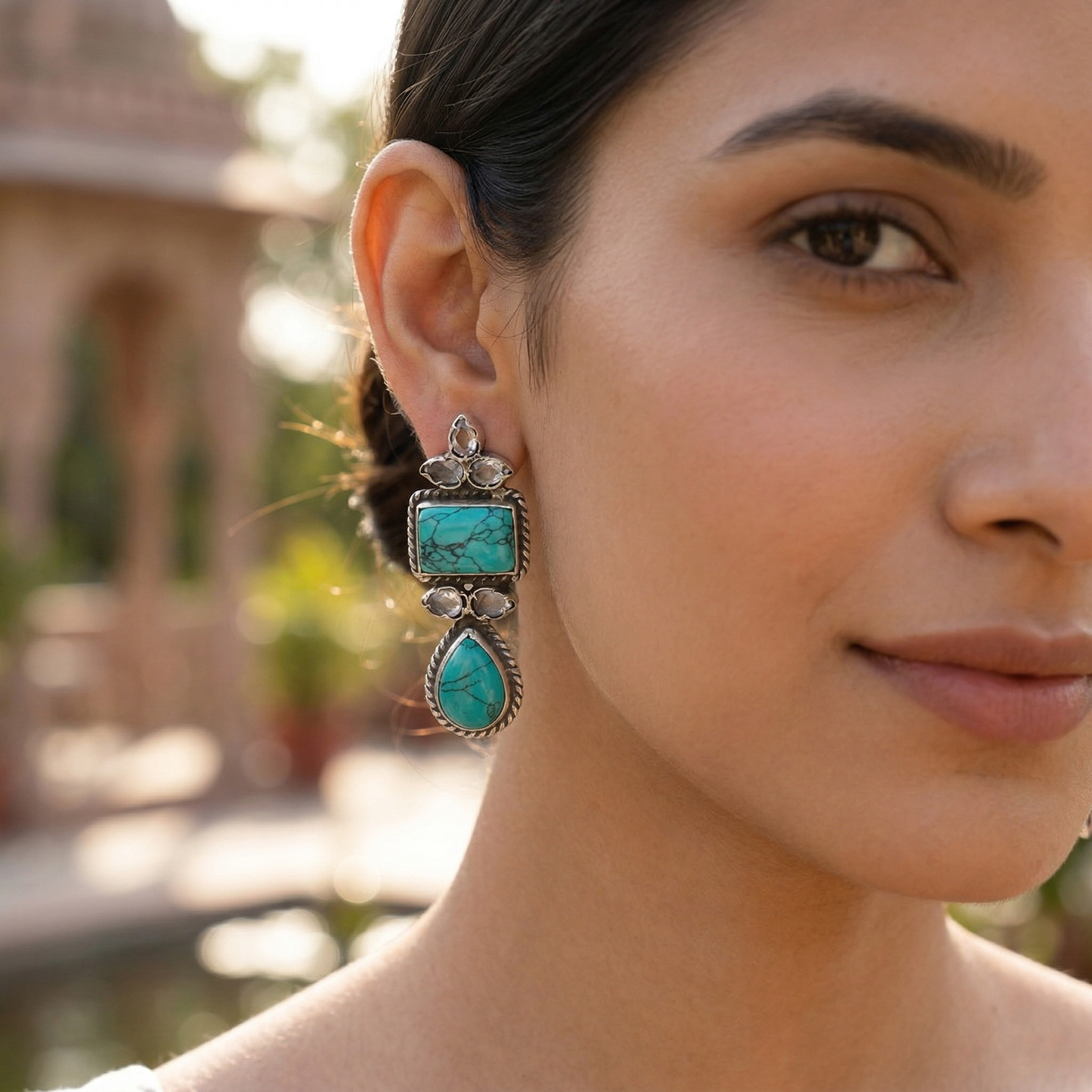Sangeeta Boochra Turquoise Stone Oxidised Silver Drop Earrings