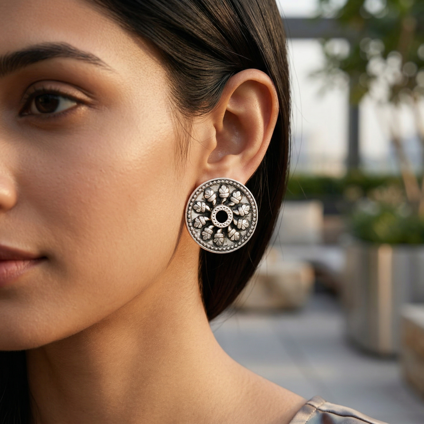 Sangeeta Boochra Oxidised Silver Round Floral Stud Earrings